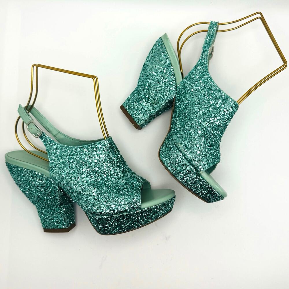 3.1 PHILLIP LIM turquoise glitter Party Platform Sandals size 35 / US 5